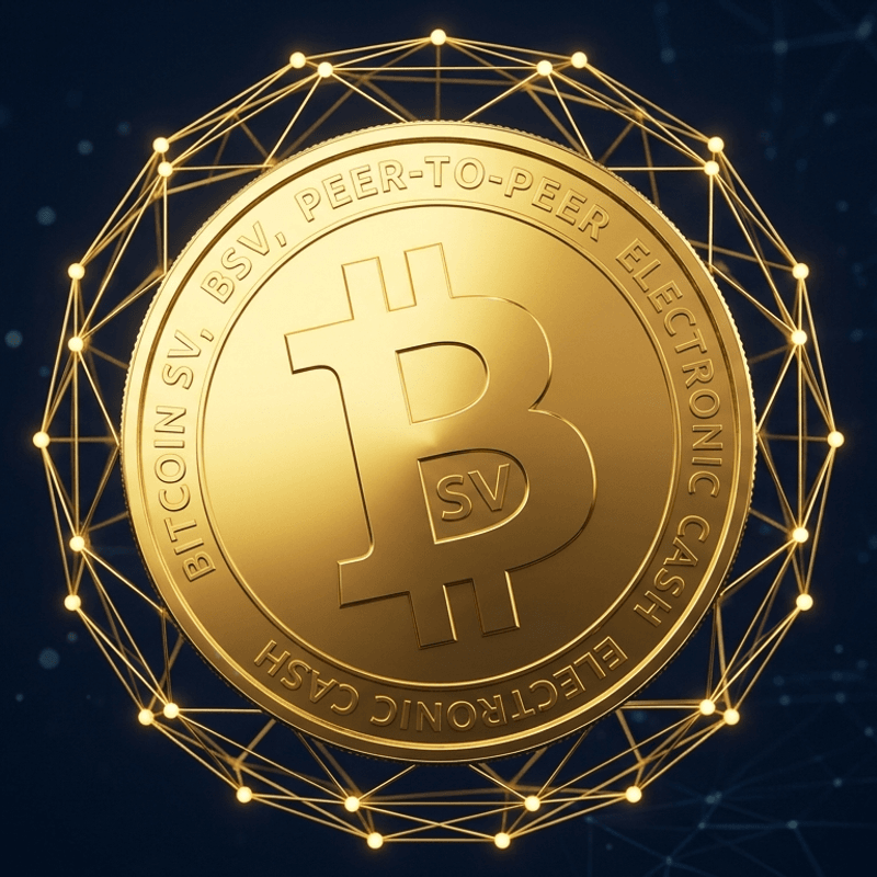 3D-Render einer goldenen Bitcoin-SV-Münze mit geneigtem B und SV in der unteren Schleife, umgeben von einem leuchtenden goldenen Drahtgitter-Netzwerk auf dunkelblauem Hintergrund