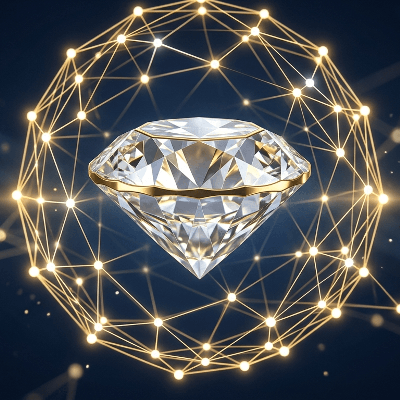 3D-Render eines geschliffenen Diamanten mit goldenem Band, umgeben von einem leuchtenden goldenen Netzwerk auf dunkelblauem Hintergrund